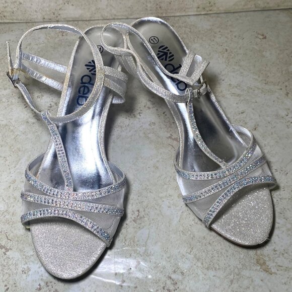 Silver Glitter Rhinestone Strappy Heeled Sandals Party Special Occasion - Picture 1 of 9